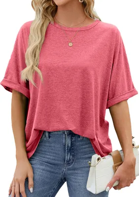 Image de ASKSA T-shirt femme été manches courtes oversized col rond Tops Casual Basic Tee Hauts, Rouge, Taille : L