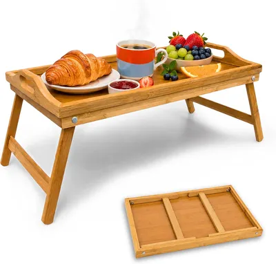 Obrázek produktu pro Bambusový příborník - Skládací - S úchytkami - 23 x 60 x 30 cm - Ideální pro snídani v posteli - Servírovací tác na nožkách - Přírodní barva
