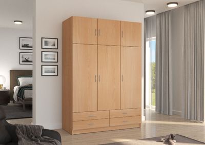 Kleiderschrank mit Schubladen STELLA Drehtürenschrank 135 cm Schlafzimmer mit 2 Türen Garderobe Buche