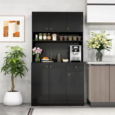 Produktbild von COSTWAY Küchenschrank, Buffetschrank mit Steckdosen & USB-Anschlüsse & Type C, Hochschrank mit Regalen, Aufbewahrungsschrank, 100x40x181cm, Schwarz