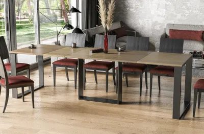 Image de Endo-Möbel Table de salle à manger extensible Borys Jusqu'à 130cm - 310cm piètement traîneau traîneau métal Kulissentisch (Chêne naturel)