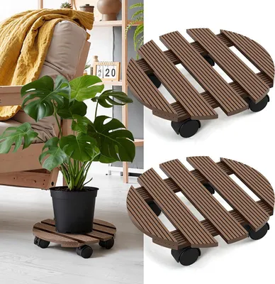 Zdjęcie produktu dla Wózek do roślin Izrielar 2X WPC 30 cm, wózek do kwiatów o nośności 80 kg, podkładka na kółkach, wózek do doniczek, doniczka (okrągła, brązowa)
