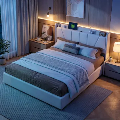 Obrázek produktu pro Postel INONEFT, čalouněná, rozměr 140x200 cm, s USB-C portem, postel s úložným prostorem, dvoulůžko s úložným prostorem, postel pro mládež s lamelovým roštem, materiál: len, barva: béžová