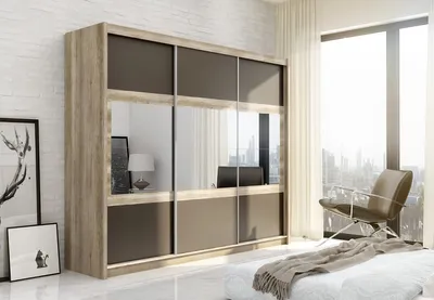 Produktbild von Kleiderschrank Salwador mit Spiegel 250 cm, Schwebetürenschrank, Garderobeschrank Schlafzimmer; Wohnzimmerschrank; Korpus Schrank Farbe: Eiche-Canyon; Farbe der Schrankfront: Lava