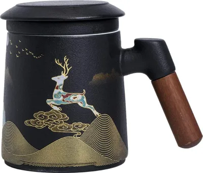 Produktbild von Keramik Teebecher mit Teesieb und Deckel 400ML Schwarz Handbemalt Holzgriff