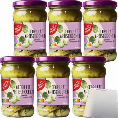 Produktbild von Gut & Günstig Gegrillte Artischocken geviertelt in Sonnenblumenöl mit mediterranen Kräutern und Knoblauch verfeinert 6er Pack (6x280g Glas) + usy Block