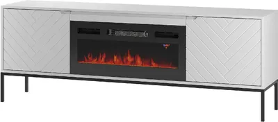 Produktbild von TV-Schrank BRIZZI 02 180 cm Weiß mit Kamin mit Schwarze Metallrahmen RTV-Lowboard mit zwei Drehtüren Wohnzimmer