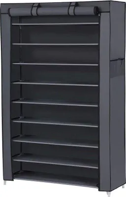 Zdjęcie produktu dla Stojak na buty z 10 poziomami - 28 x 88 x 160 cm - Szafka na buty z materiałową osłoną - Buty sportowe na wysokim obcasie - Szary