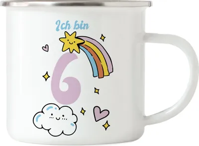 Produktbild von 6 Jahre alt Kindergeburtstag Emaille-Tasse  süße Motive Kinder Milchkanne Happy Birthday Alles Liebe zum Geburtstag