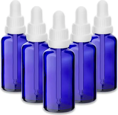 Produktbild von 5x Blaue Glasflasche 50 ml mit weißer Pipette leer zum Befüllen Set