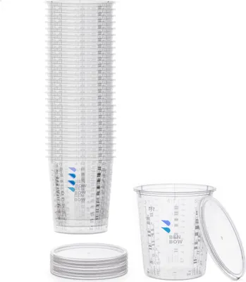 Zdjęcie produktu dla Profesjonalny kubek pomiarowy Benbow z pokrywką, 25 szt., pojemność 385 ml, z różnorodną skalą – kubek z podziałką, kubek do mieszania lakieru, kubek pomiarowy, kubek do lakieru