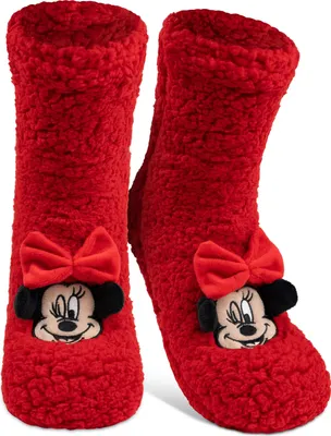 Produktbild von Disney Minnie Mouse Hüttensocken - Flauschige Sherpa Haussocken mit Schleife für Damen Kuschelsocken Wintersocken warme Frauen Socken OneSize Rot 38-43