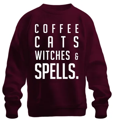 Obrázek produktu pro KÁVOVÉ KOČKY, ČARODĚJNICE A KOUZLA. Kaffeeliebhaber Katzenfan Halloween Uni mikina, vínová, XXL