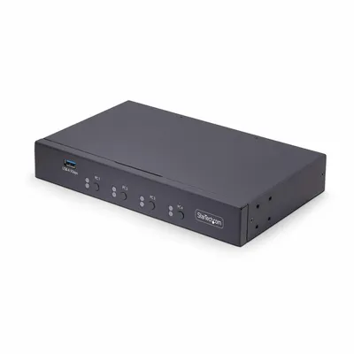 Produktbild von StarTech.com 4-Port KM Switch mit Mausumschaltung, USB 3.0 Umschalter/Switch für Tastatur und Maus für 4 Computer, 3,5mm und USB Audio, TAA Konform, Schwarz