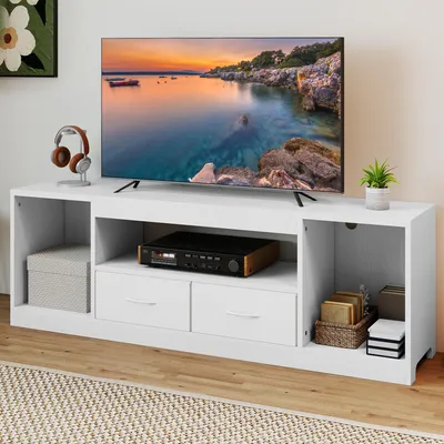 Produktbild von TV-Schrank bis 65 Zoll, Lowboard mit 2 Stoffschubladen, Fernsehtisch, Fernsehbank, 148 x 30 x 50 cm, Weiß