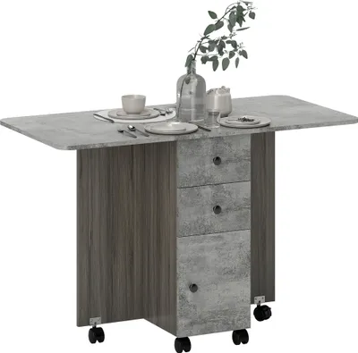 Image de HOMCOM Table de cuisine pliable table à manger pliante 2 plateaux rabattables avec 2 tiroirs 1 placard et 1 étagère de rangement 120 x 60 x 76,5 cm - gris