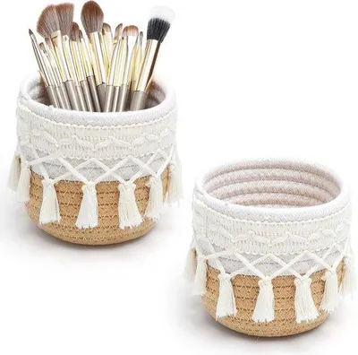 Produktbild von Ultiluxe Makeup Pinselhalter - 2 Stück - Make Up Organizer - 15-teiliges Set - Kosmetika Aufbewahrung - Geflochtenes Baumwoll - Beige