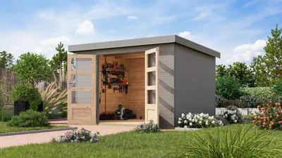 Produktbild von Karibu Gartenhaus Hybridhaus Metall Jupiter 5 wassergrau 298,5x242,5x209 cm
