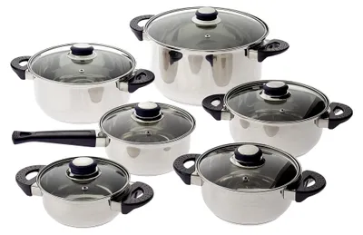 Produktbild von Edelstahl-Topfset 6-teilig, 5 Kochtöpfe und 1 Stielkasserolle mit Glasdeckel, geeignet für alle Herdarten (außer Induktion), Durchmesser von 14 bis 24 cm