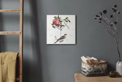 Produktbild von Coloray Hodiny Unikátní 30x30 cm  Tiché hodiny Pro obývací pokoj a kuchyň Nástěnné hodiny Plátno Bílé ručičky hodin - Větev k květu zvířecích ptáků