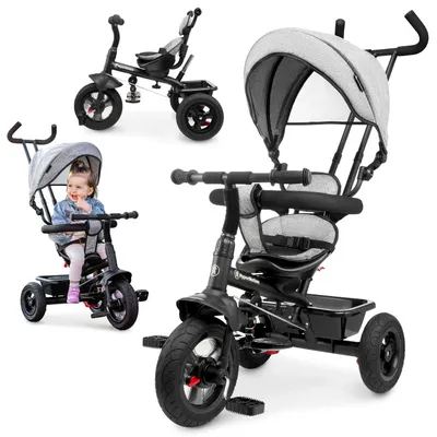 Produktbild von Tobi FREY - Kinder Dreirad mit Schiebestange - Drehbarer Sitz - Pannensichere Räder - Für Kinder 3-6 Jahre - Sonnenverdeck - Fußstütze und Korb - Grau