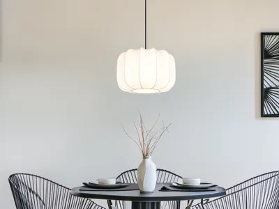 Produktbild von Ausgefallene kleine LED Pendelleuchte Stofflampen hängend für Esstisch, Ø 25cm