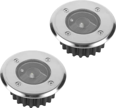 Two round solar LED ground lights are shown against a white background.