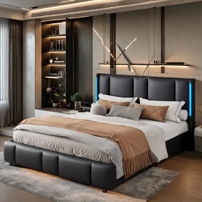 Image de UnboxG Lit rembourré 140x200cm avec USB & Type-C, Lit double adolescent avec LED, Lit de rangement hydraulique Lit boxspring avec sommier à lattes, PU, Noir