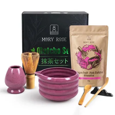 Produktbild von Mary Rose - Geschenkset Pink Matcha Drachenfrucht Pulver 50g - 100% Frucht - Violett Keramik Matchawan Schale Beri 500ml - Mit Bambus Chasen Besen