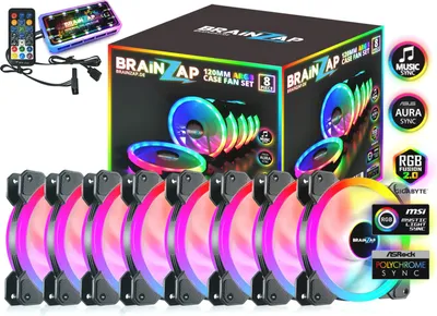 Zdjęcie produktu dla BRAINZAP 8x 120mm LED A-RGB Case Fan SET Case Fan Aura Asus Asrock MSI Gigabyte Music-Sync Coolmoon