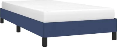 A blue fabric bed frame with a white mattress on top, shown from a side angle with black legs.