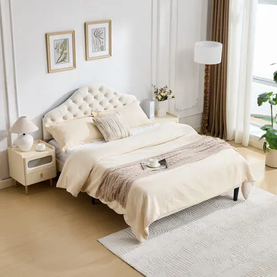 Produktbild von Polsterbett 140x200 cm Samt Beige Bettgestell mit Lattenrost & Höhenverstellbarem Kopfteil, Stabiler Bettrahmen Geräuschlos für Schlafzimmer & Jugendzimmer