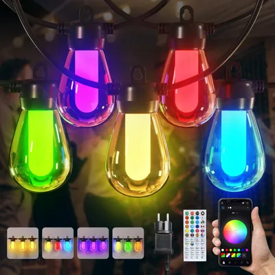 LED-Lichterkette 15 m, 20 S14-Lampen, mehrfarbig, IP65, App-Steuerung