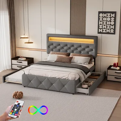 Produktbild von Fortuna Lai Polsterbett 140x200cm+90x200cm Ausziehbares , Plattform-Doppelbett mit 2 Schubladen, Betttisch mit Lichtleiste, Grau