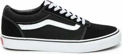 A side view of a black Vans sneaker with a white stripe.