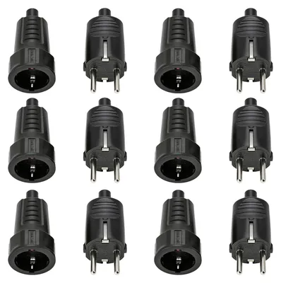 Produktbild von 6 Paar Schuko Stecker Kupplung, 16A 250V 2-polig Gummistecker Set mit Knickschutz, Schutzkontakt Stecker und Kupplung wasserdicht für Außenbereich schwarz