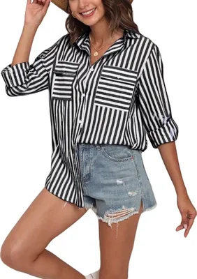Produktbild von ASKSA Damen Bluse Langarm Streifen Knöpfen Hemd Oberteile Baumwolle Leinen V-Ausschnitt Casual Lose Shirts, Schwarz, L