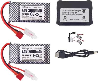 Produktbild von Set mit 2 LiPo Akkus 7,4V 2000mAh, T-Stecker, 2in1 Ladegerät | Kompatibel mit RC 9200, 9200E, 200E, 9202E, HM101, 9125, S920, S921, HB101
