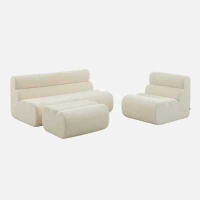 Produktbild von sweeek - 2-Sitzer-Sofa mit Sessel und Hocker, strukturierter Bouclé-Bezug - Weiß