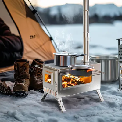 Image de Réchaud de camping à bois - Poêle à bois portable - Réchaud à bois pour l'extérieur - Acier inoxydable - Léger