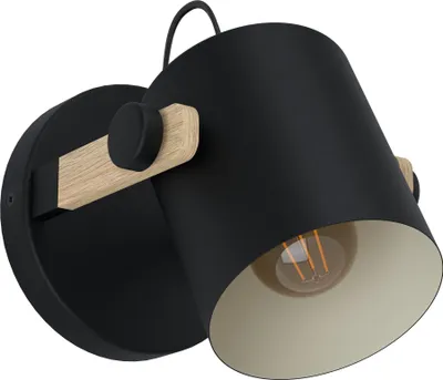 Produktbild von EGLO Wandlampe Hornwood, 1 flammige Vintage Wandleuchte im Industrial Design, Retro Lampe aus Stahl und Holz, Farbe: Schwarz, creme, braun, E27