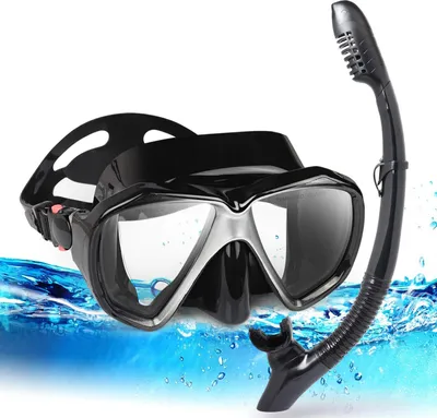 Produktbild von Panoramisches HD Schnorchel-Tauchermaske - Anti-Beschlag Tauchbrille - Gehärtetes Glas - Erwachsene Jugend Schwimmbrille - Tauchen Schnorcheln Schwimmen - Schwarz Set