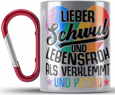 Produktbild von Trendation - LGBT Edelstahl Tasse Karabiner Geschenk für Schwule Lesben Transgender Regenbogen Lustige Grafik Regenbogen LIeber Schwul Und Hetero Als Verklemmt und Hetero (Rot)