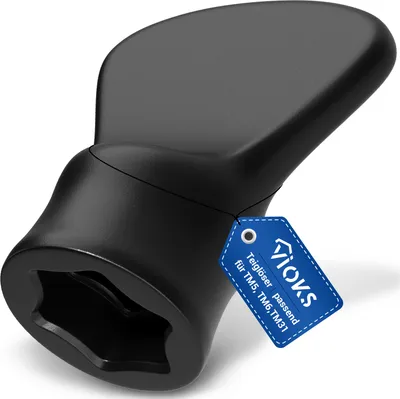 A black kitchen tool with a hexagonal opening and a blue tag attached.