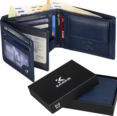 Produktbild von Leder Geldbörse Herren Portemonnaie RFID Querformat Geldbeutel Echtleder (9901) Blau