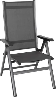 A single gray folding chair is shown against a white background.