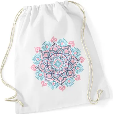 Produktbild von Turnbeutel Mandala Ethno Boho Bohemian Hipster Beutel Gymsac Baumwolle Autiga® weiß-türkis/pink unisize