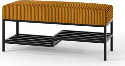 A product shot of a bench with a yellow upholstered seat and a black metal frame with two shelves.