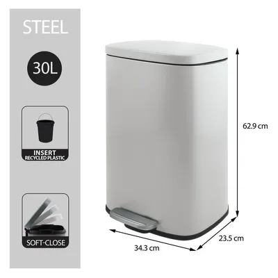 A white pedal bin with dimensions indicated, and icons showing features like soft-close and recycled plastic insert.