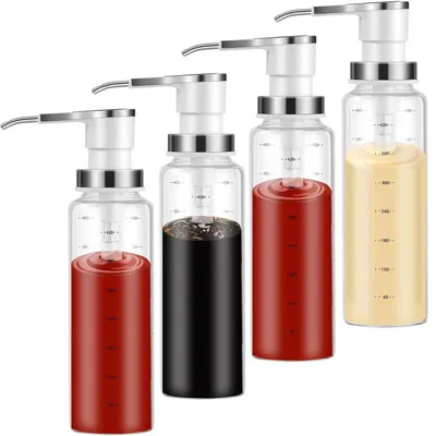 Sauspumpdispenser 500 ml Glas 4er Set Edelstahlpumpe